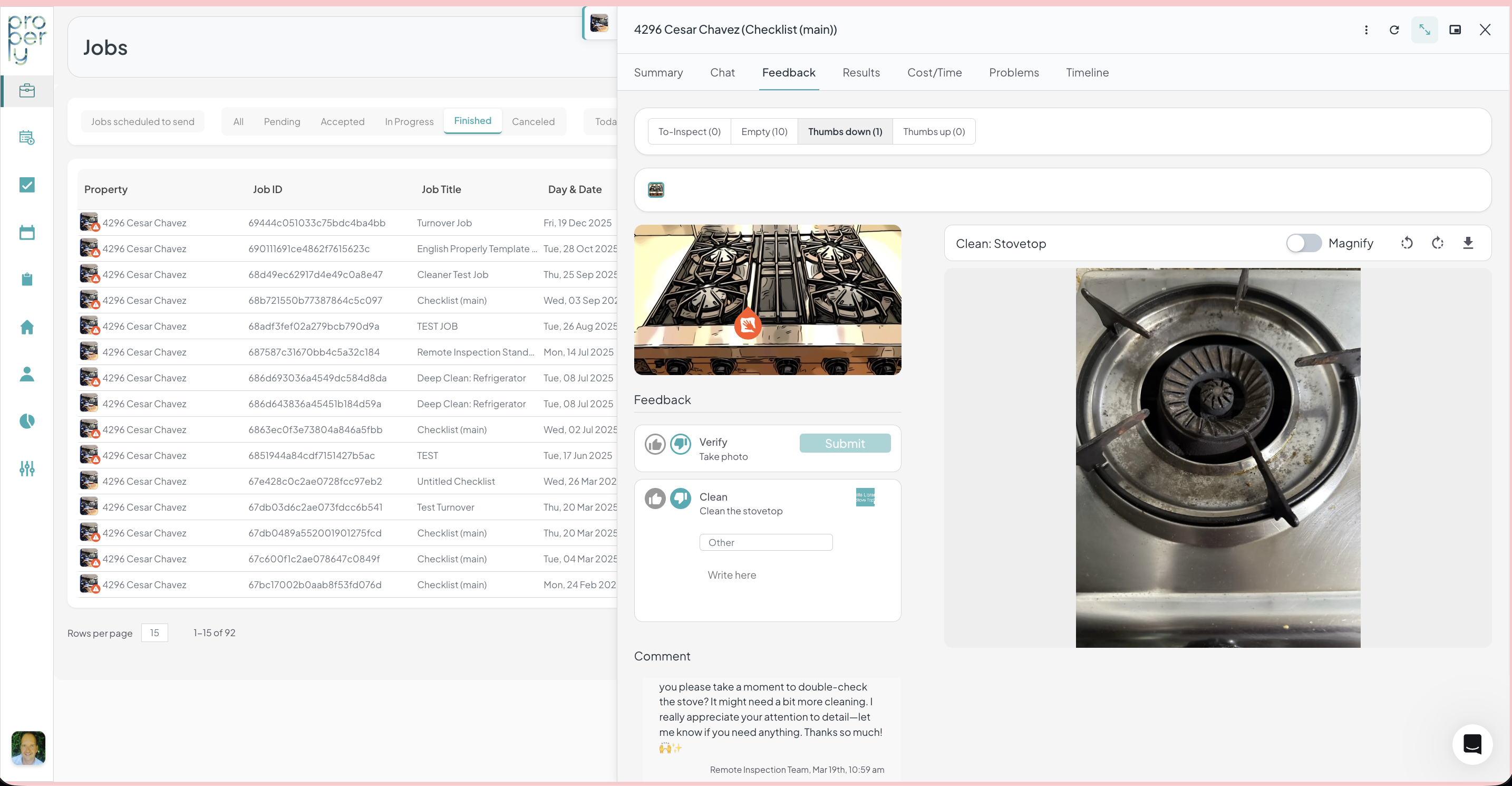 Properly real-time inspection dashboard showing photo verification of cleaning tasks with feedback and magnified detail view